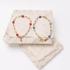 Chic natural stone bead stainless steel chain women bracelet