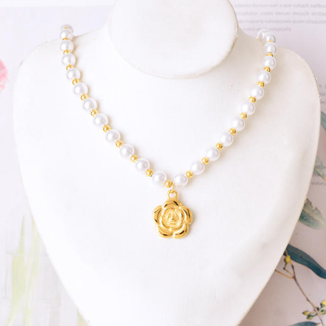 Elegant pearl bead gold color camelia flower charm stainless steel necklace set