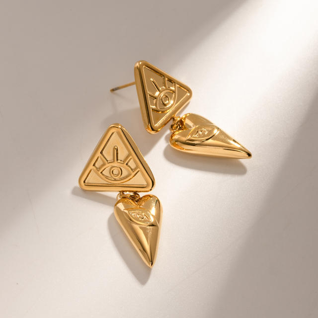 18KG geometric triangle shape evil eye stainless steel earrings