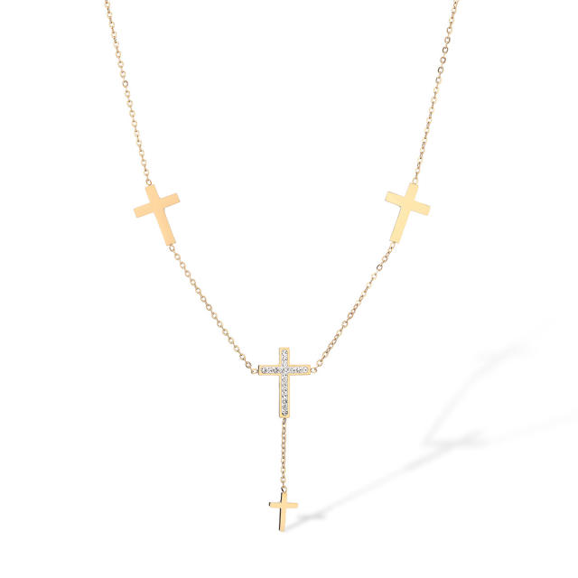 Dainty cubic zircon diamond cross stainless steel necklace