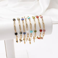 Chic natural stone bead stainless steel chain women bracelet