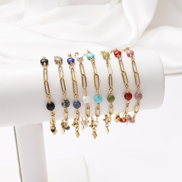 Chic natural stone bead stainless steel chain women bracelet