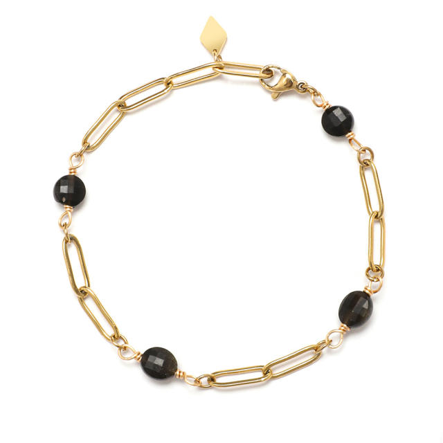 Chic natural stone bead stainless steel chain women bracelet