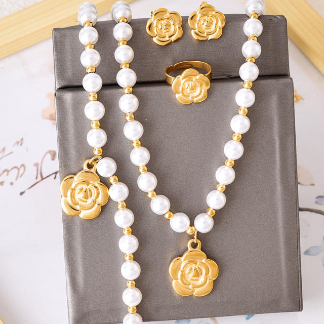 Elegant pearl bead gold color camelia flower charm stainless steel necklace set