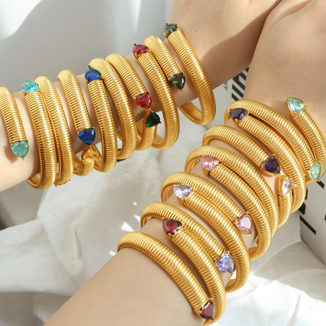 Hiphop colorful cubic zircon stainless steel elastic bangle