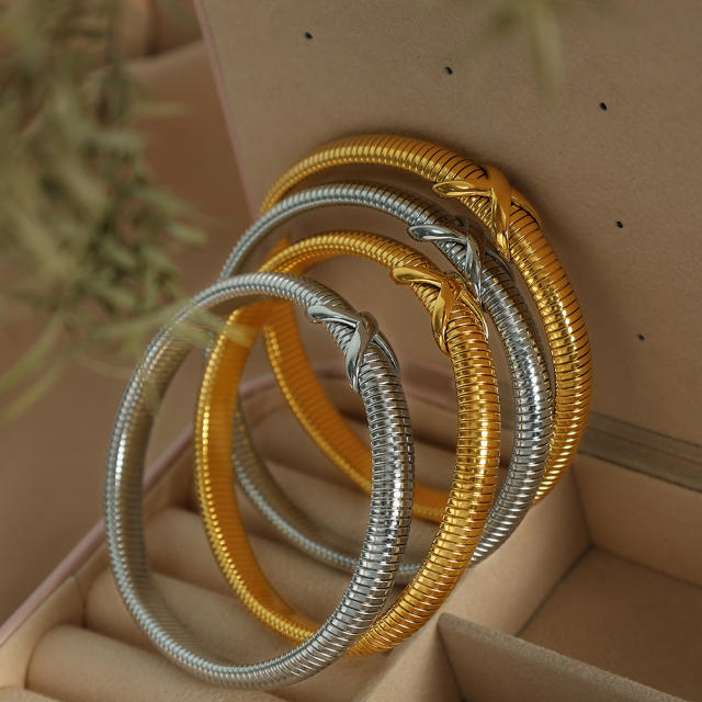 Chunky hiphop stainless steel elastic bangle bracelet