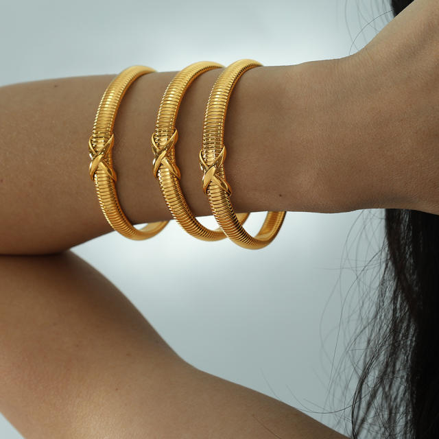 Chunky hiphop stainless steel elastic bangle bracelet