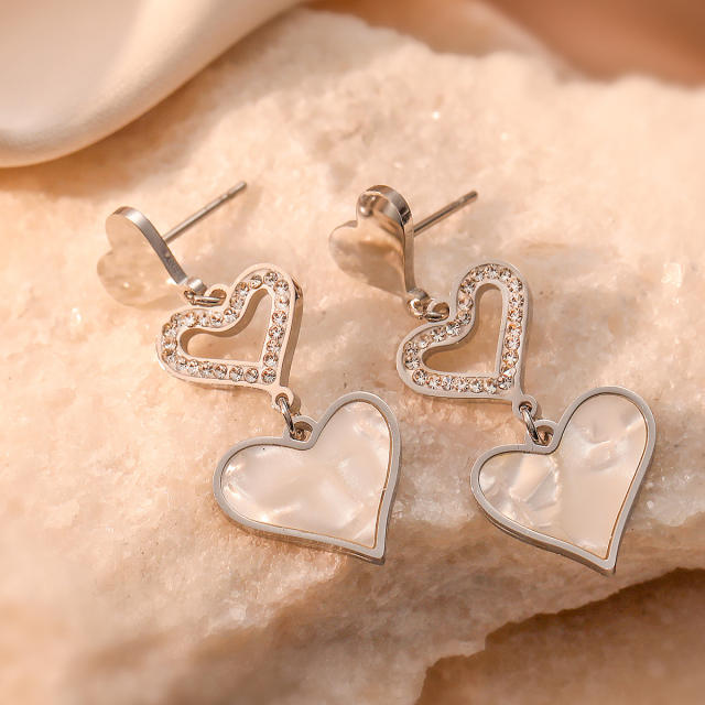 Deliate diamond heart mother shell stainless steel dangle earrings