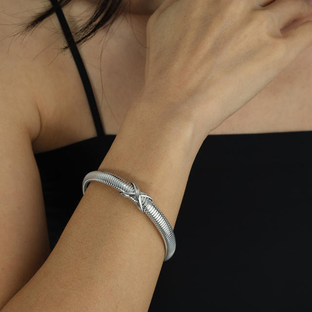 Chunky hiphop stainless steel elastic bangle bracelet