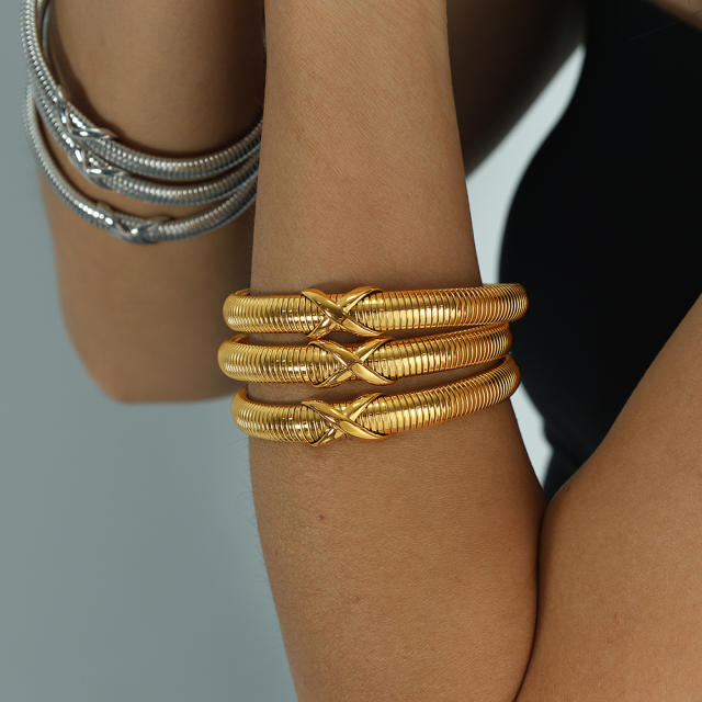 Chunky hiphop stainless steel elastic bangle bracelet