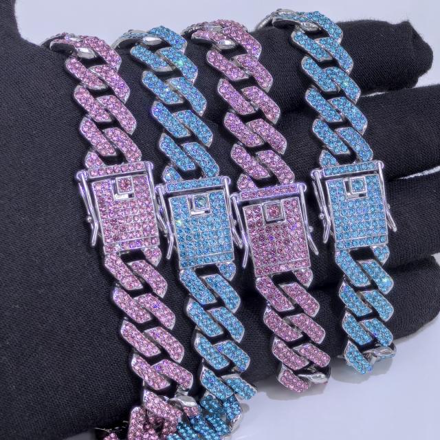 14mm HIPHOP colorful rhinestoen diamond curban link chain necklace for men