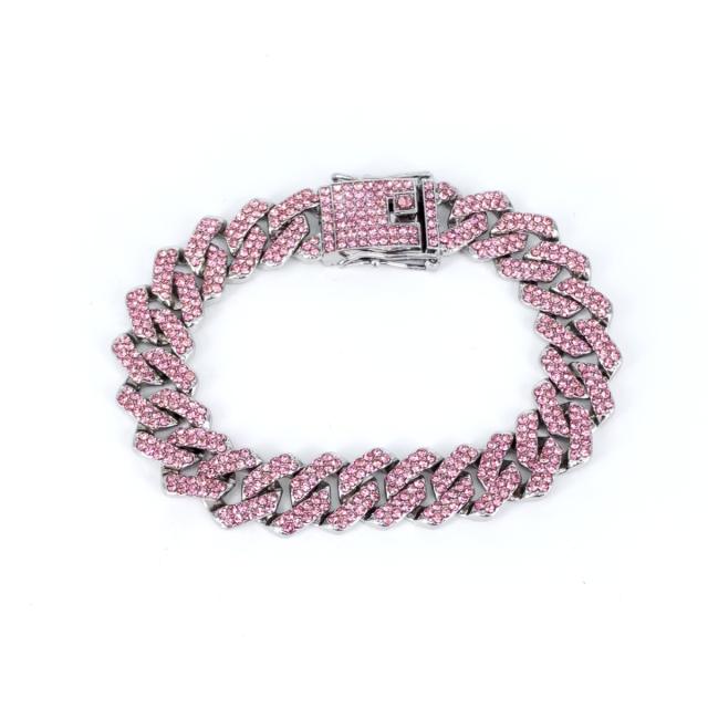14mm HIPHOP colorful rhinestoen diamond curban link chain necklace for men