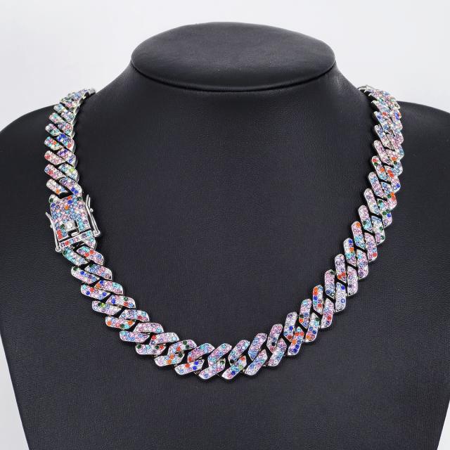 14mm HIPHOP colorful rhinestoen diamond curban link chain necklace for men