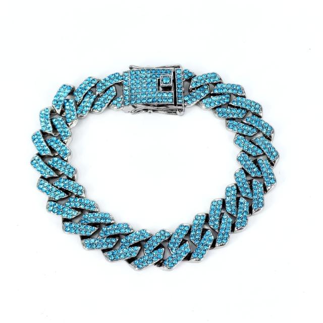 14mm HIPHOP colorful rhinestoen diamond curban link chain necklace for men