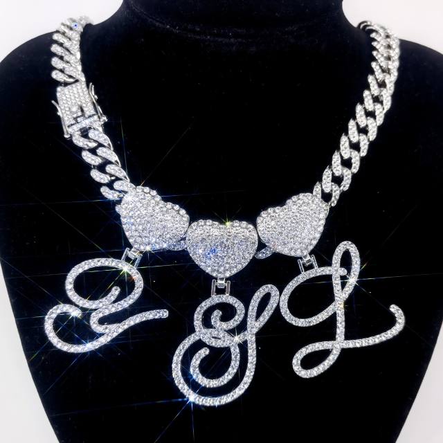 Chunky hiphop heart initial letter charm cuban link chain pendant