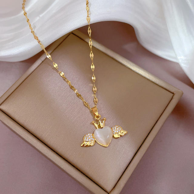 Sweet opal stone angel heart pendant dainty stainless steel chain necklace