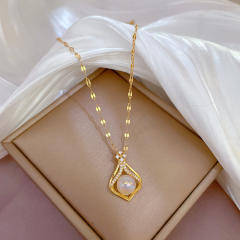Dainty pearl pendant stainless steel chain necklace