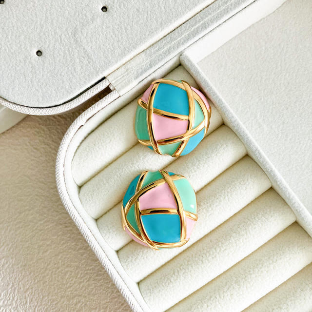 Vintage contrast color enamel geometric stainless steel studs earrings