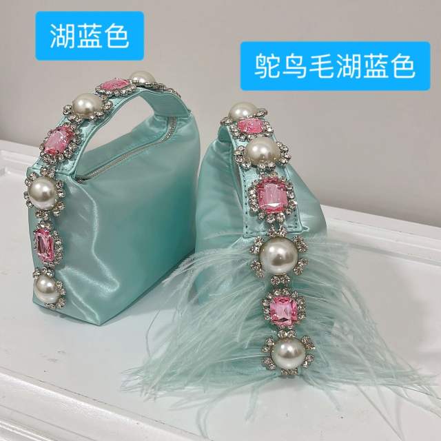 Elegant satin material pearl feather design women clutch evening bag