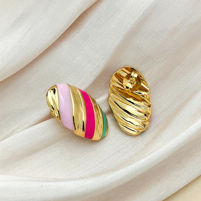 Vintage color enamel striped pattern oval stainless steel studs earrings