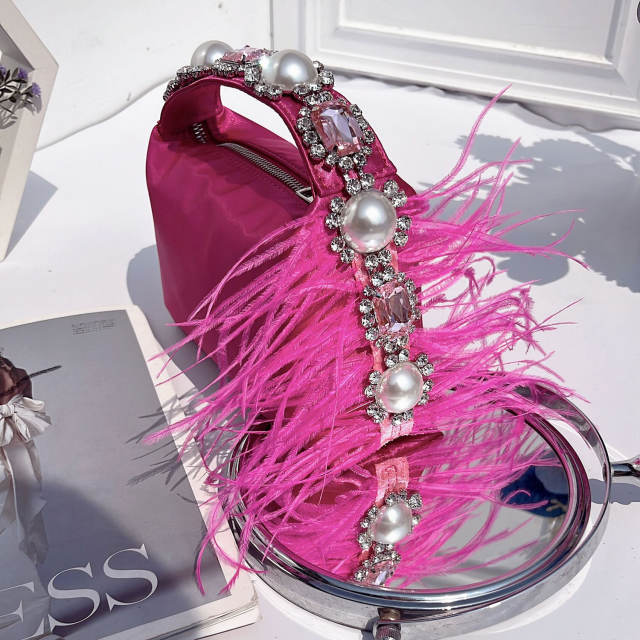 Elegant satin material pearl feather design women clutch evening bag