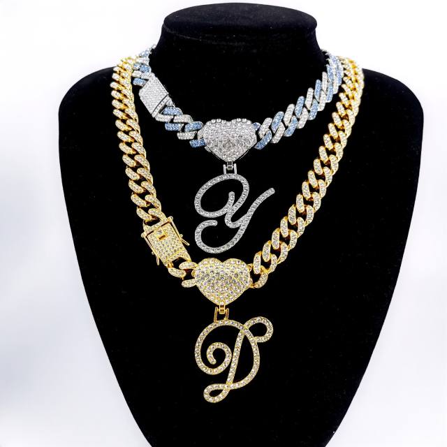 Chunky hiphop heart initial letter charm cuban link chain pendant