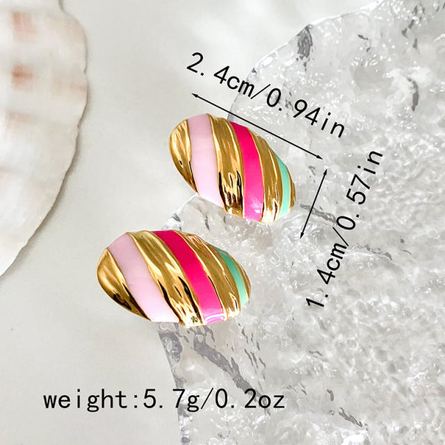 Vintage color enamel striped pattern oval stainless steel studs earrings