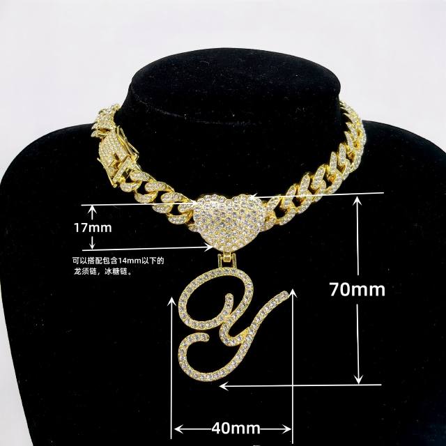 Chunky hiphop heart initial letter charm cuban link chain pendant