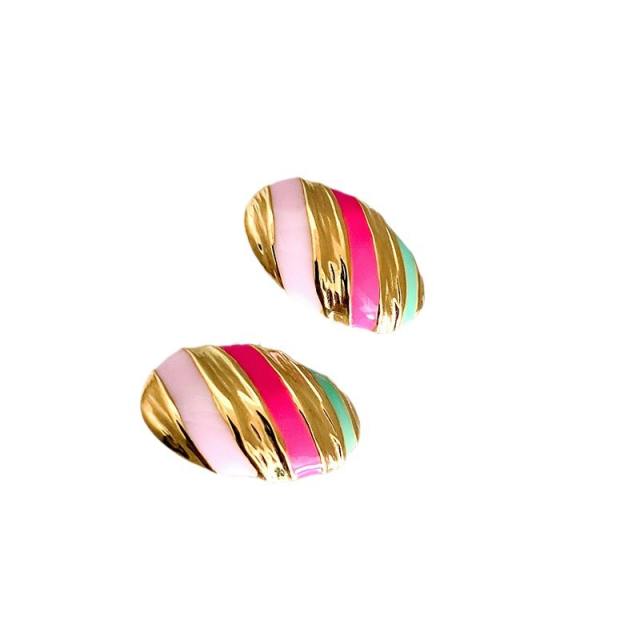 Vintage color enamel striped pattern oval stainless steel studs earrings