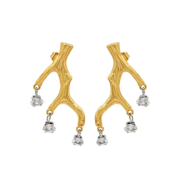 Vintage unique brunch shape diamond tassel stainless steel earrings