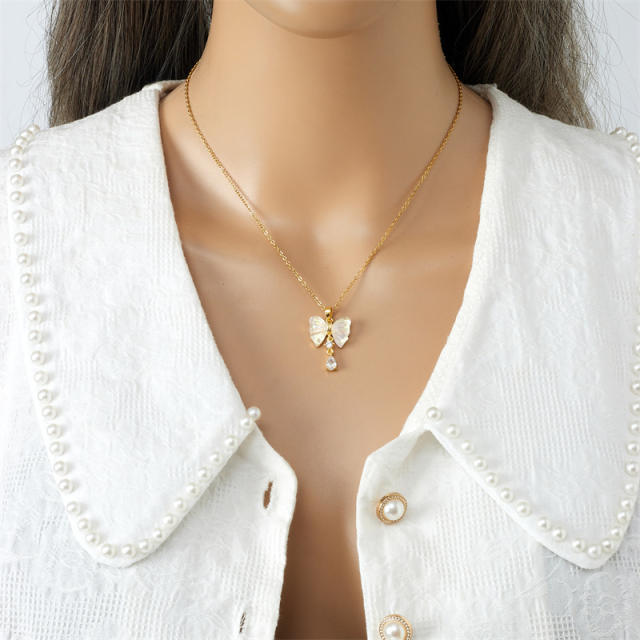 Delicate cute bow pendant dainty stainless steel chain necklace