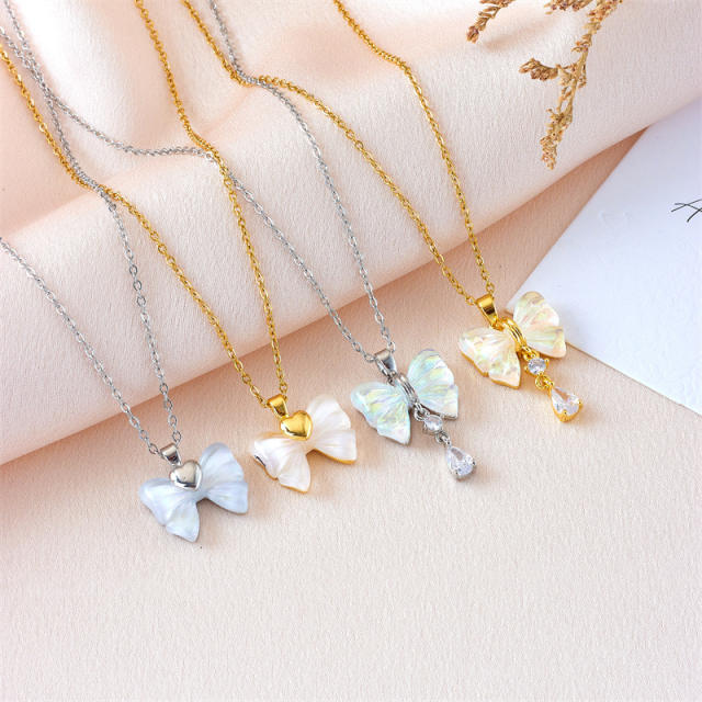 Delicate cute bow pendant dainty stainless steel chain necklace