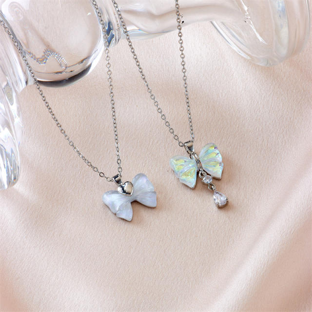 Delicate cute bow pendant dainty stainless steel chain necklace