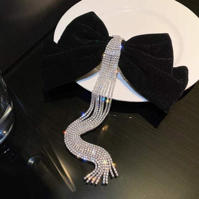 Elegant diamond chain tassel velvet bow hair claw clips for women
