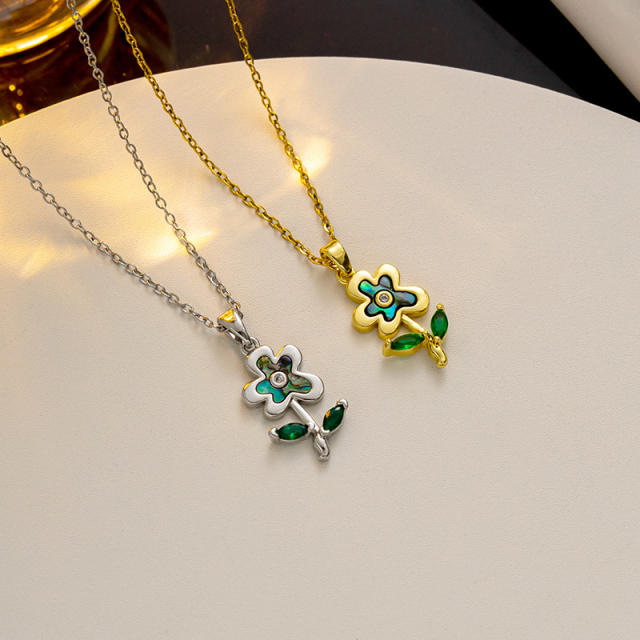 Dainty shell flower pendant stainless steel chain necklace