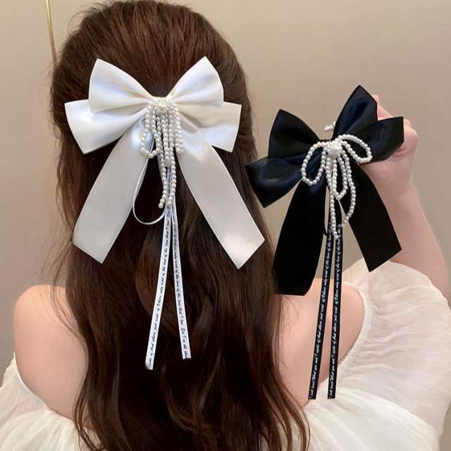 Elegant pearl chain satin bow layer design french barrette hair clips