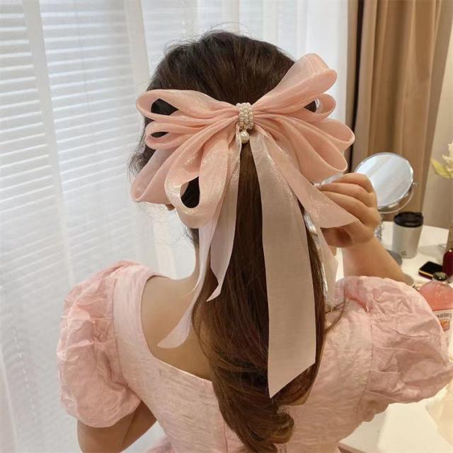 Large size organza layer bow hair claw clips for women