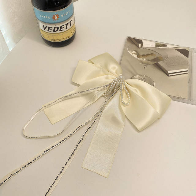 Elegant pearl chain satin bow layer design french barrette hair clips