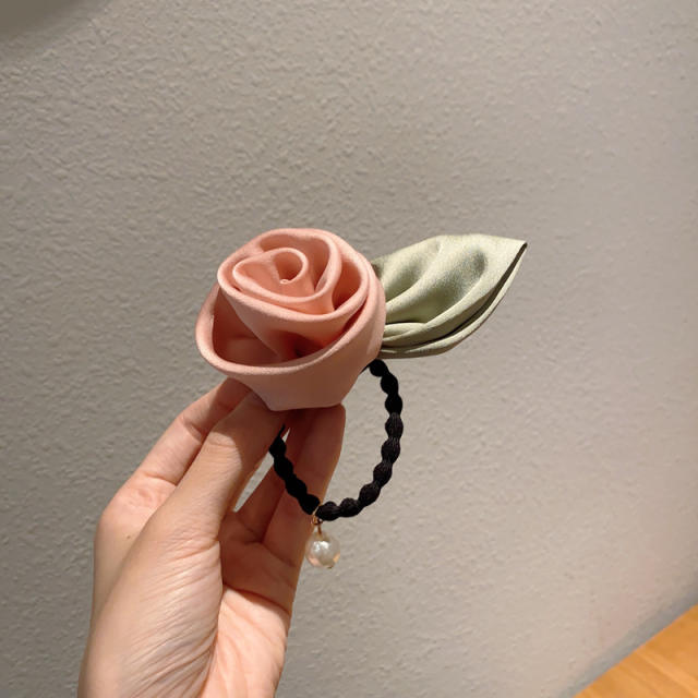 Elegant satin rose flower pearl bead hair ties for women