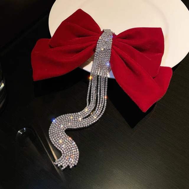 Elegant diamond chain tassel velvet bow hair claw clips for women