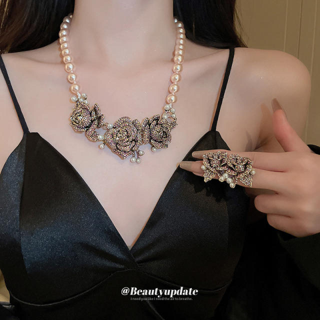 Luxury vintage diamond rose flower women necklace earrings set