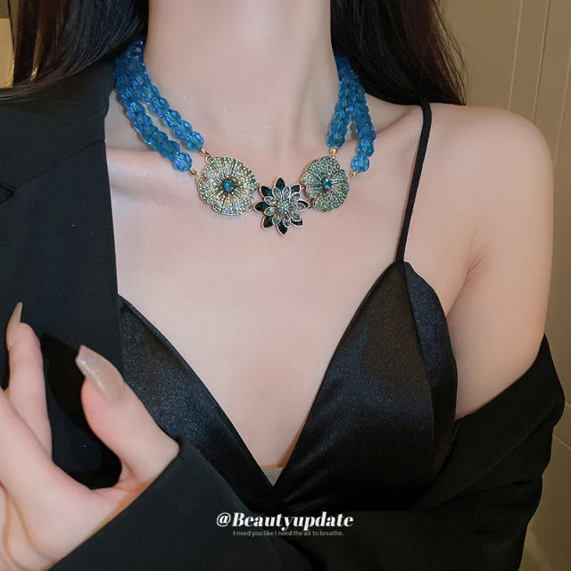 Vintage blue color bead diamond flower women necklace earrings set