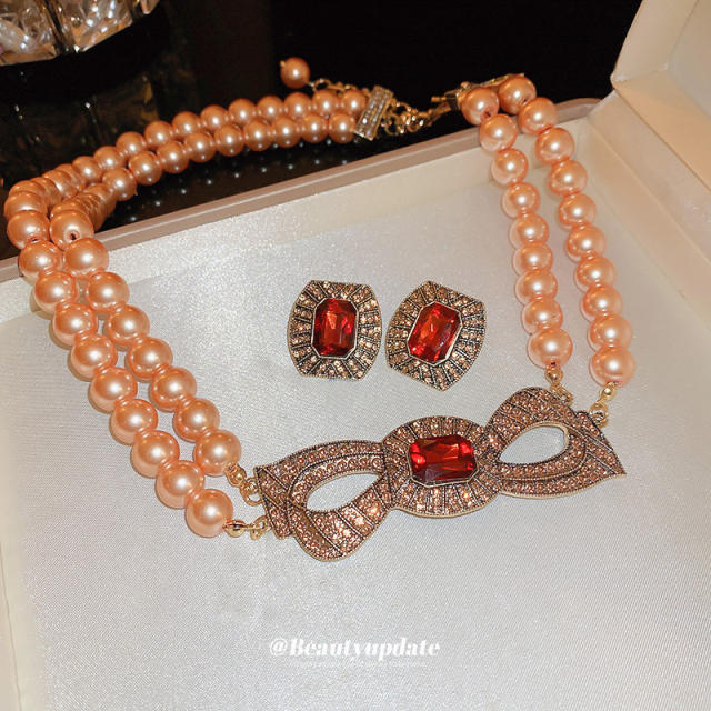 Vintage luxury champagne pearl bead diamond women necklace earrings set