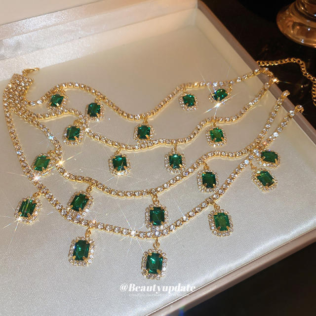 Luxury multi layer emerald crystal statement party necklace