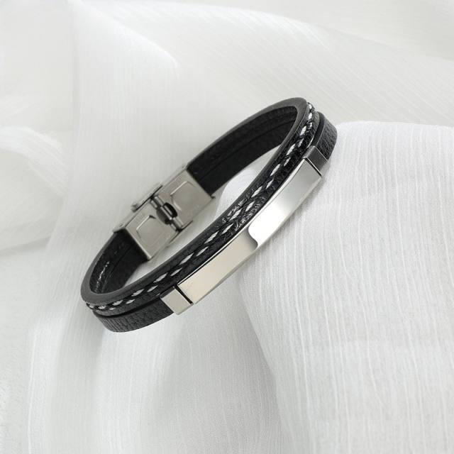 HIPHIP pu leater braid patter engrave letter stainless steel bracelet for men