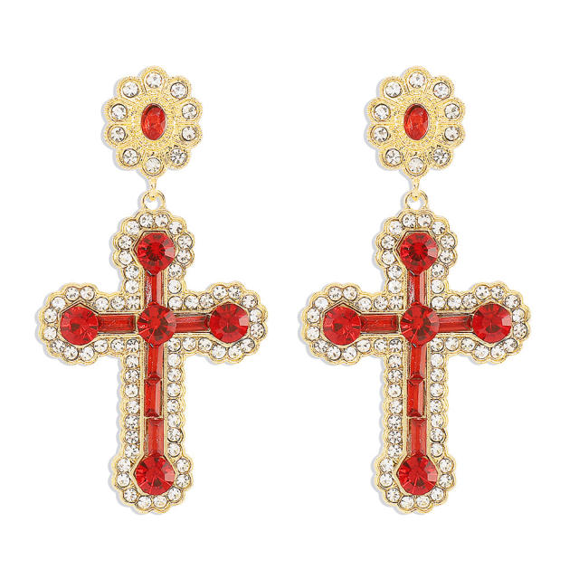 Chunky diamond colorful cross dangle earrings