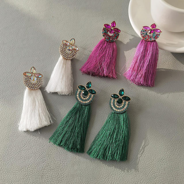 Boho chunky rope tassel diamond flower women earrings