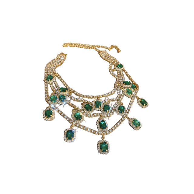 Luxury multi layer emerald crystal statement party necklace