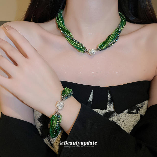 Delicate spring green color beaded twisted choker necklace bracelet