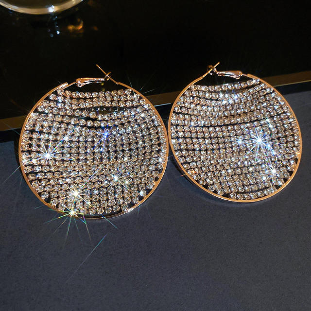 925 needle luxury pave setting rhinestone shiny round shape hoop earrings
